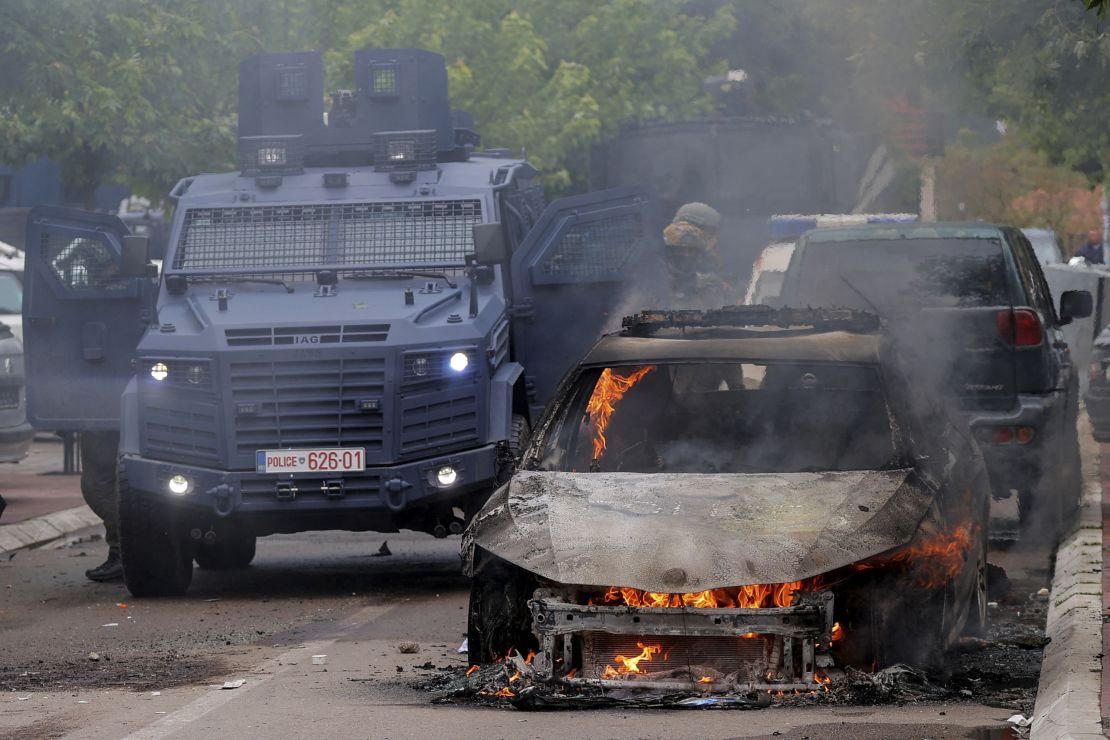 A car was set on fire during Monday's clashes.