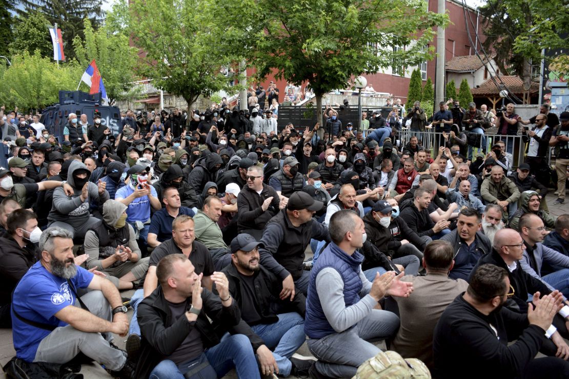 Serbs from Kosovo gather to demand the removal of recently elected Albanian mayors outside municipal building in Zvecan, northern Kosovo on May 29, 2023. 