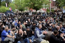 Serbs from Kosovo gather to demand the removal of recently elected Albanian mayors outside municipal building in Zvecan, northern Kosovo on May 29, 2023. 