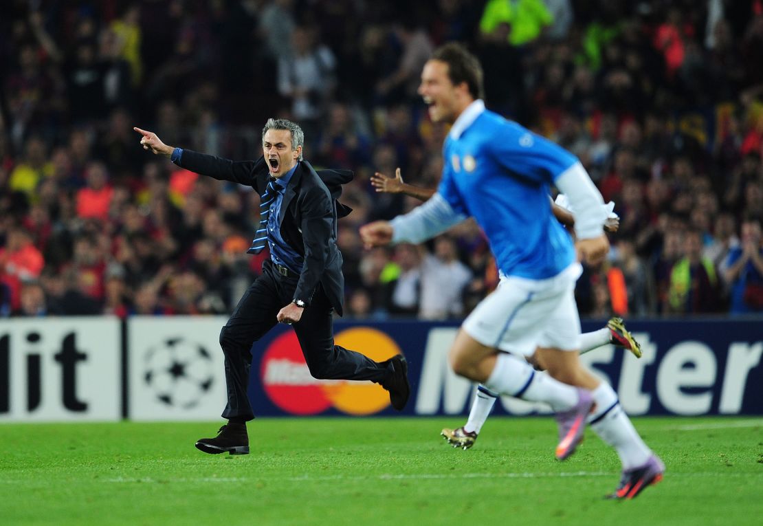 Jose Mourinho celebrates after Inter Milan reaches the 2010 Champions League final.