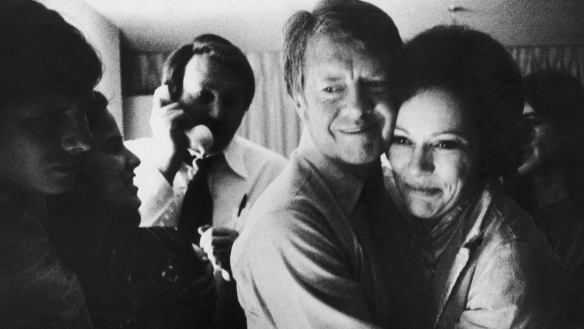 Democratic presidential candidate Jimmy Carter embraces his wife Rosalynn after receiving the final news of his victory in the national general election, November 2, 1976.