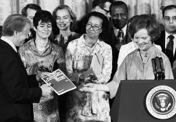 During more than four decades of public service, Rosalynn Carter has been a driving force for mental health. As active honorary chair of the President's Commission on Mental Health, she presented President Carter with the commission's recommendations for sweeping reforms to mental health policy and programs on April 27, 1978. The report led to the Mental Health Systems Act of 1980. (Photo: Jimmy Carter Library)