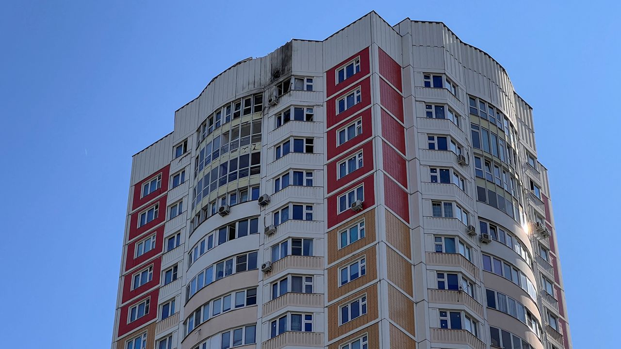 A damaged multi-storey apartment following a reported drone attack in Moscow on Tuesday.