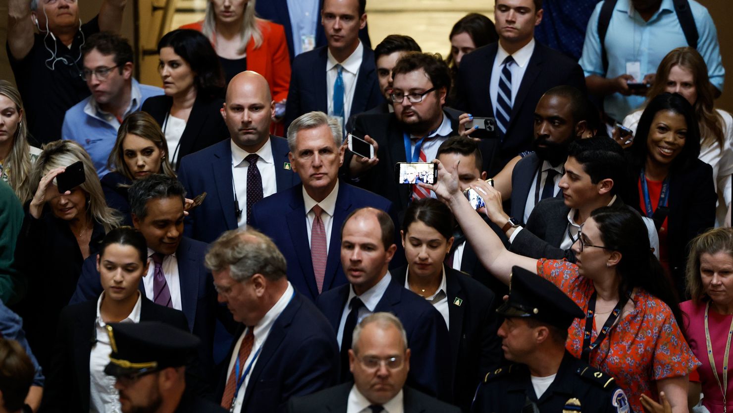 Speaker of the House Kevin McCarthy speaks to reporters as he walks through Statuary Hall in the US Capitol Building on May 30, 2023 in Washington, DC. 