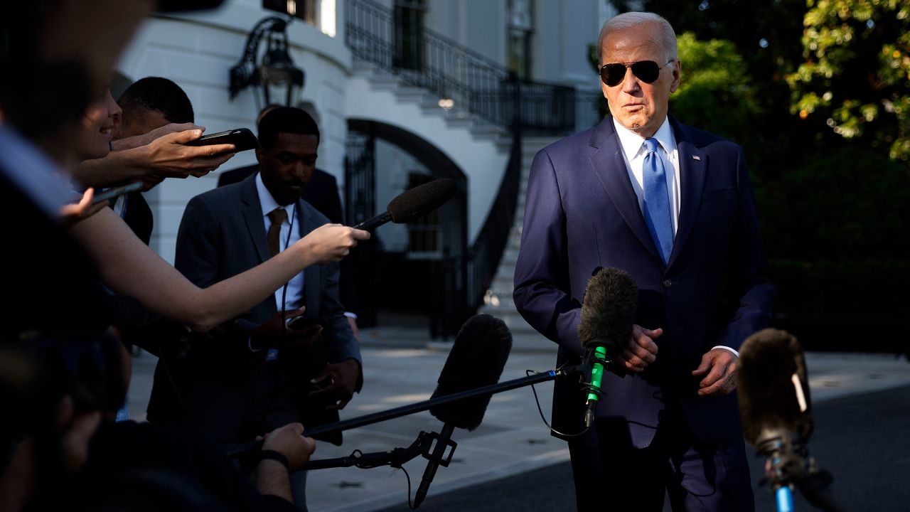 President Joe Biden talks to reporters as he departs the White House for the Memorial Day holiday weekend on May 26, 2023 in Washington, DC.