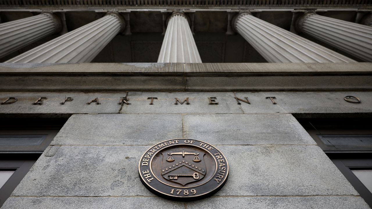 The exterior of the U.S. Department of Treasury building is seen on March 13, 2023 in Washington, DC.
