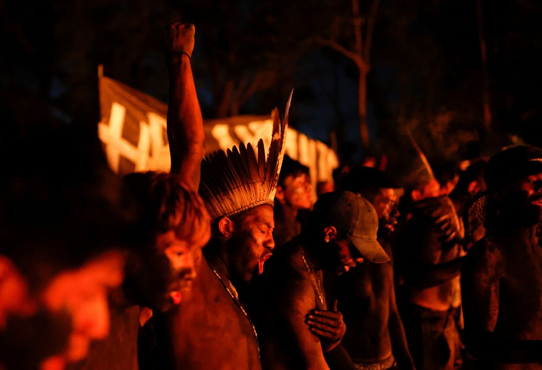 Indigenous people block the Bandeirantes highway in Sao Paulo on May 30, 2023.