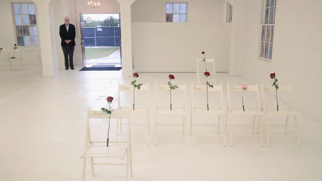 SUTHERLAND SPRINGS, TX - NOVEMBER 12:  The First Baptist Church of Sutherland Springs is turned into a memorial to honor those who died on November 12, 2017 in Sutherland Springs, Texas. The inside of the church has been painted white with 26 white chairs placed around the room. On each chair is a single rose and the name of a shooting victim. The chairs are placed throughout the room at the location where the victim died. The memorial will be open to the public. Devin Patrick Kelley shot and killed the 26 people and wounded 20 others when he opened fire during Sunday service at the church on November 5th.  (Photo by Scott Olson/Getty Images)