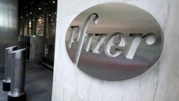 FILE PHOTO: The Pfizer logo is pictured on their headquarters building in the Manhattan borough of New York City, New York, U.S., November 9, 2020.