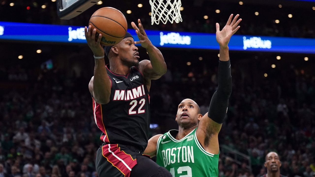 Butler grabs a rebound against Celtics center Al Horford in the first quarter during Game 7 of the Eastern Conference Finals.