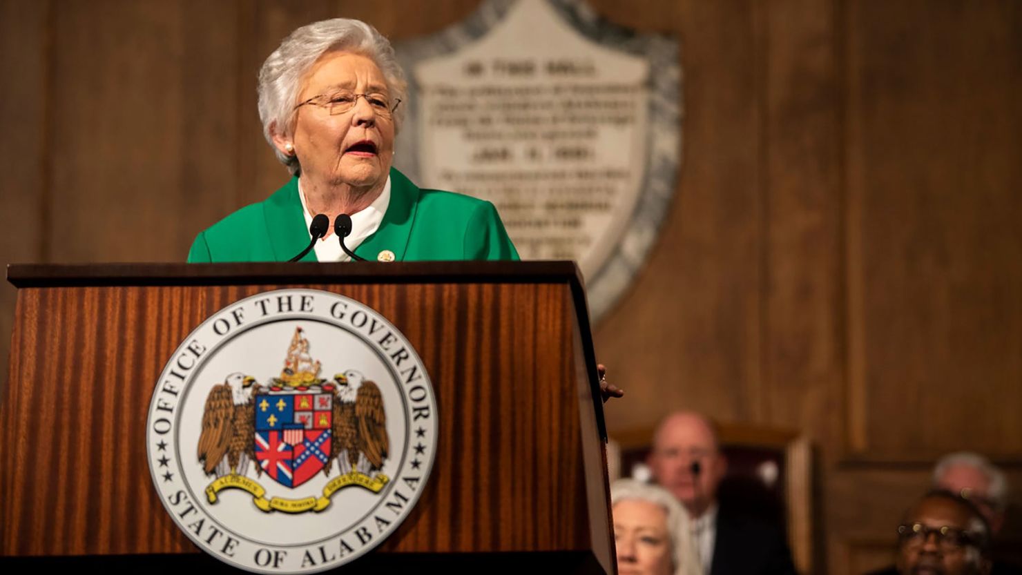 Gov. Kay Ivey, seen during the State of the State address in Montgomery, Alabama, signed a bill limiting the participation of transgender athletes in college sports.