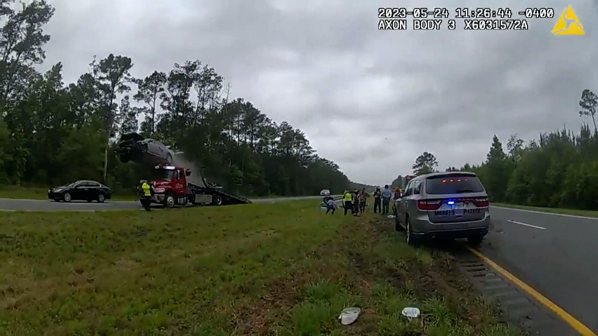 Video: Georgia car crash goes viral after vehicle flies off tow truck ramp