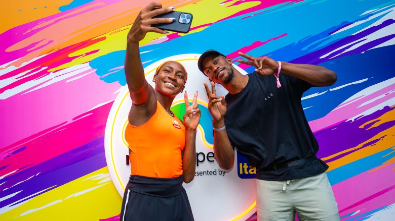 MIAMI GARDENS, FLORIDA - MARCH 23: Coco Gauff meets Jimmy Butler of the Miami Heat after defeating Rebecca Marino of Canada in her second-round match on Day 5 of the Miami Open at Hard Rock Stadium on March 23, 2023 in Miami Gardens, Florida (Photo by Robert Prange/Getty Images)
