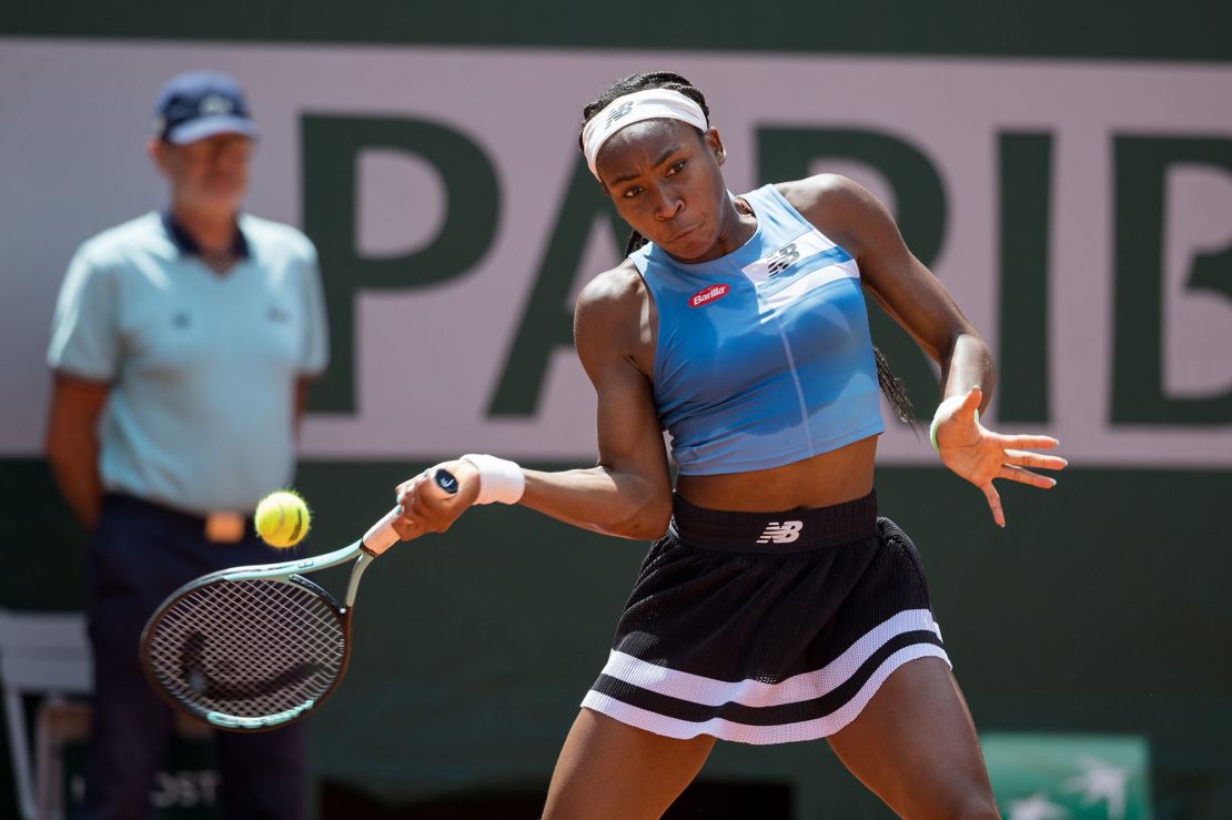 Gauff plays a forehand during the 2023 French Open. 