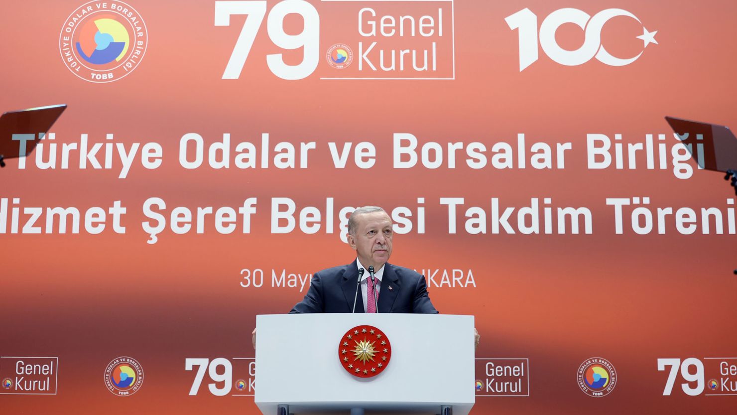Turkish President Recep Tayyip Erdogan gives a speech during the 79th General Assembly of the Union of Chambers and Commodity Exchanges of Turkey in Ankara on Tuesday.