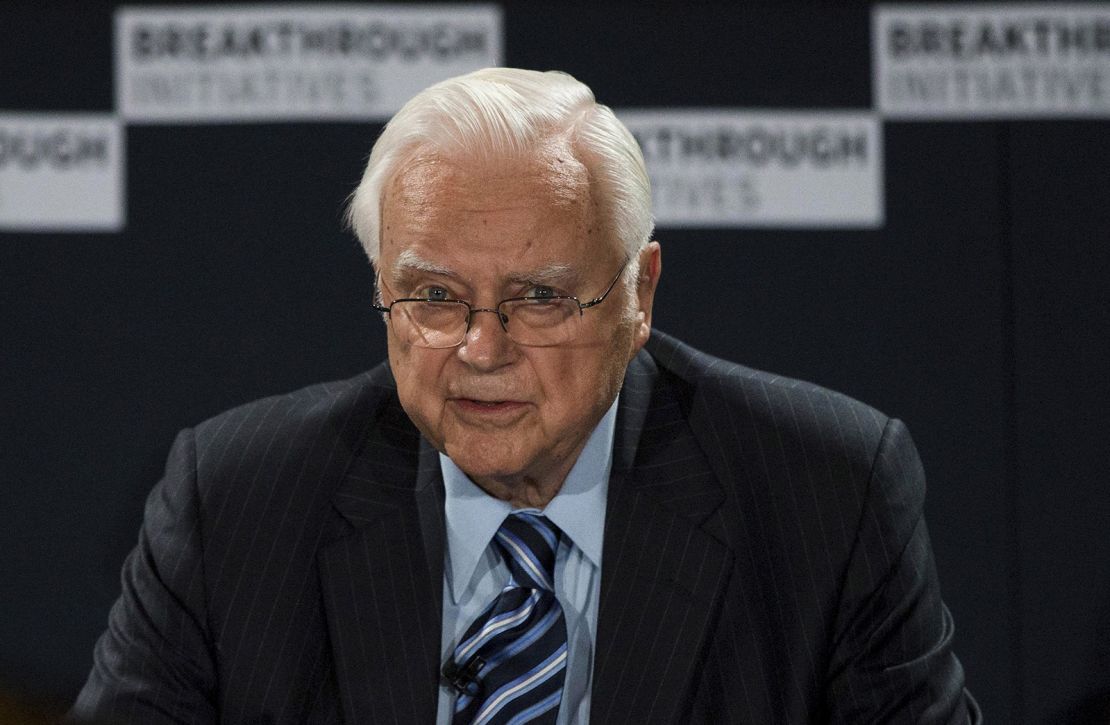 U.S. astronomer Frank Drake speaks at a media event to launch a global science initiative at The Royal Society in London, Britain, July 20, 2015. REUTERS/Neil Hall