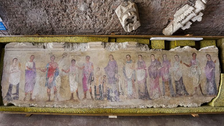 An undated fragment of a wall painting depicting deities and feminine figures and part of 750 archaeological finds from clandestine excavations on Italian territory is on display during a press conference in Rome, Wednesday, May 31, 2023. The set of artifacts, which can be dated overall between the eighth century BC. and the medieval period, and whose value is estimated at 12 million euros, was in possession of an English company in liquidation, Symes Ltd, attributable to Robin Symes, an important trafficker of cultural assets, and was repatriated from London on 19 May. (AP Photo/Domenico Stinellis)
