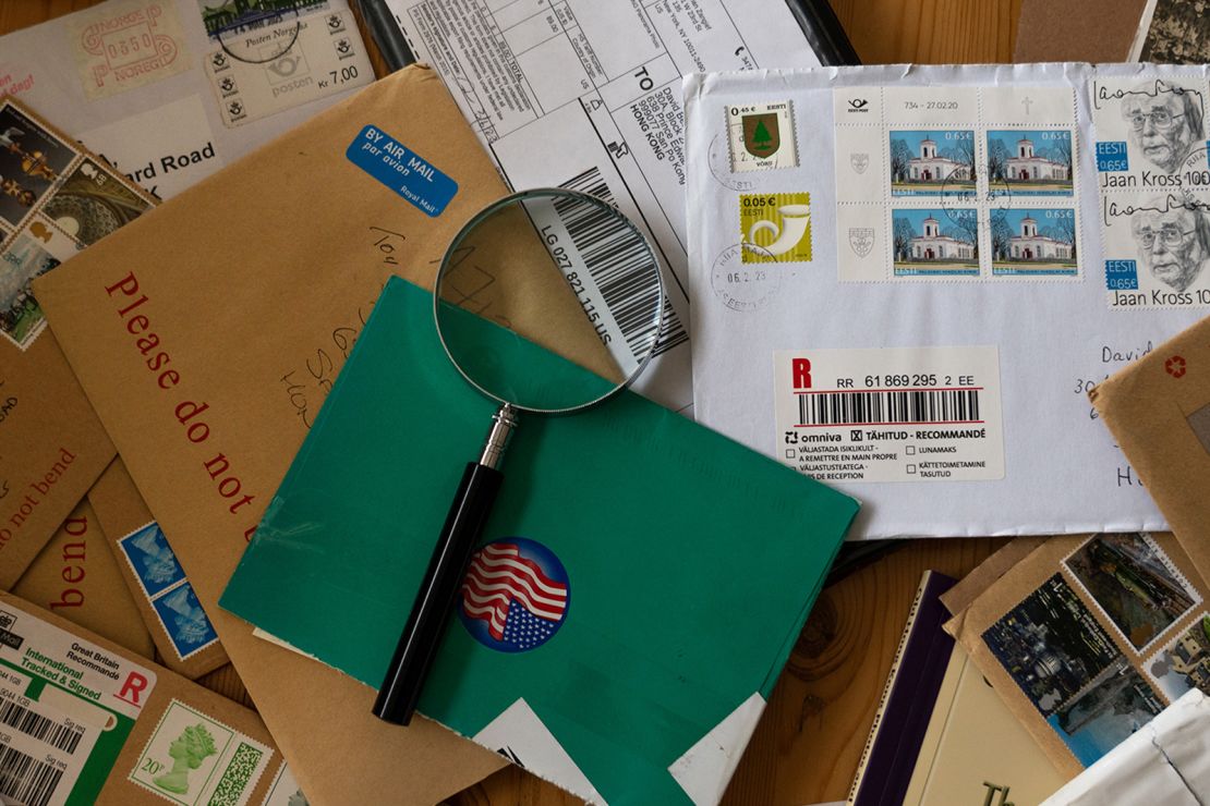 Envelopes are seen at his home in Hong Kong on April 18, 2023.