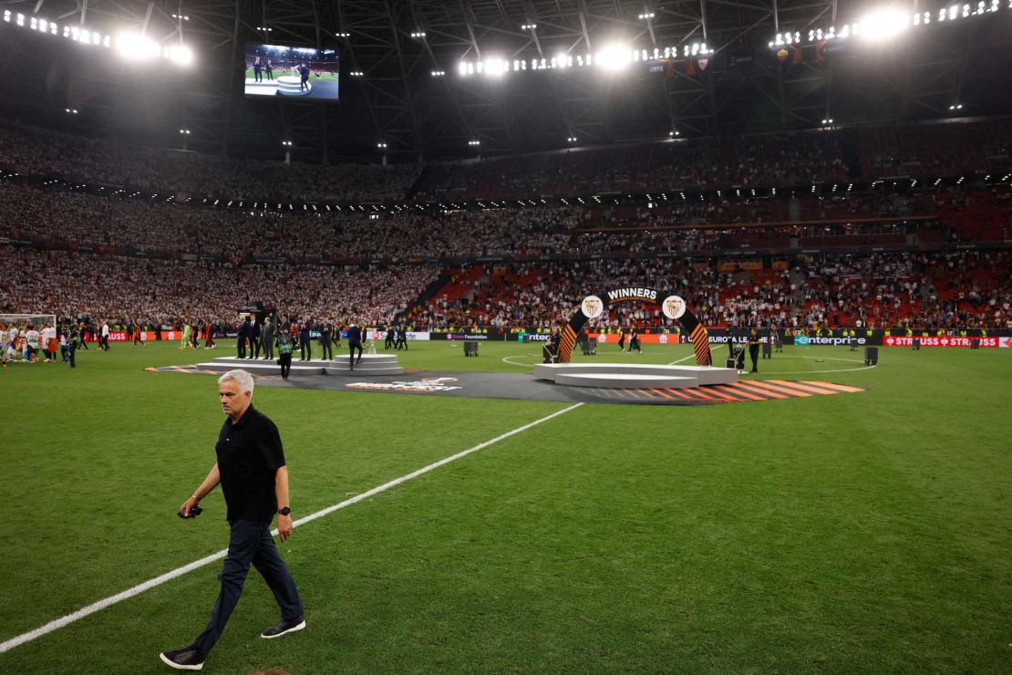 Mourinho leaves the pitch at the end of the Europa League final.