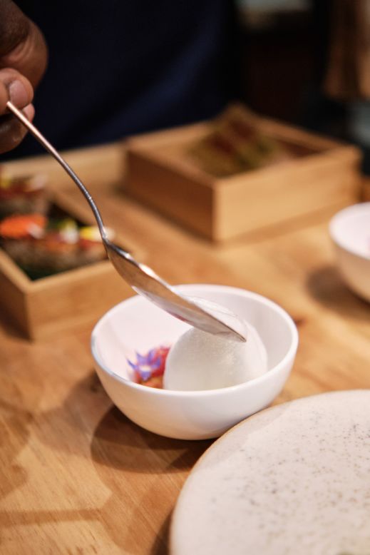Malonga's Afro-fusion cuisine is heavily influenced by West African cooking, in particular that of Cameroon, Ivory Coast, and Ghana, which he highlights as his favorite food cultures for the spices and range of dishes. This refreshing sorbet uses tomato and penja pepper, a unique-tasting white pepper grown in the volcanic soils of the Penja Valley in Cameroon.