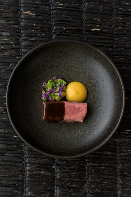 Inspired by Malonga's Congolese heritage, this dish highlights palm oil, a signature Congolese product, pureed with sweet potato, and served alongside Rwandan beef. "Afro-fusion is a bridge between ingredients and food culture from different countries," says Malonga.