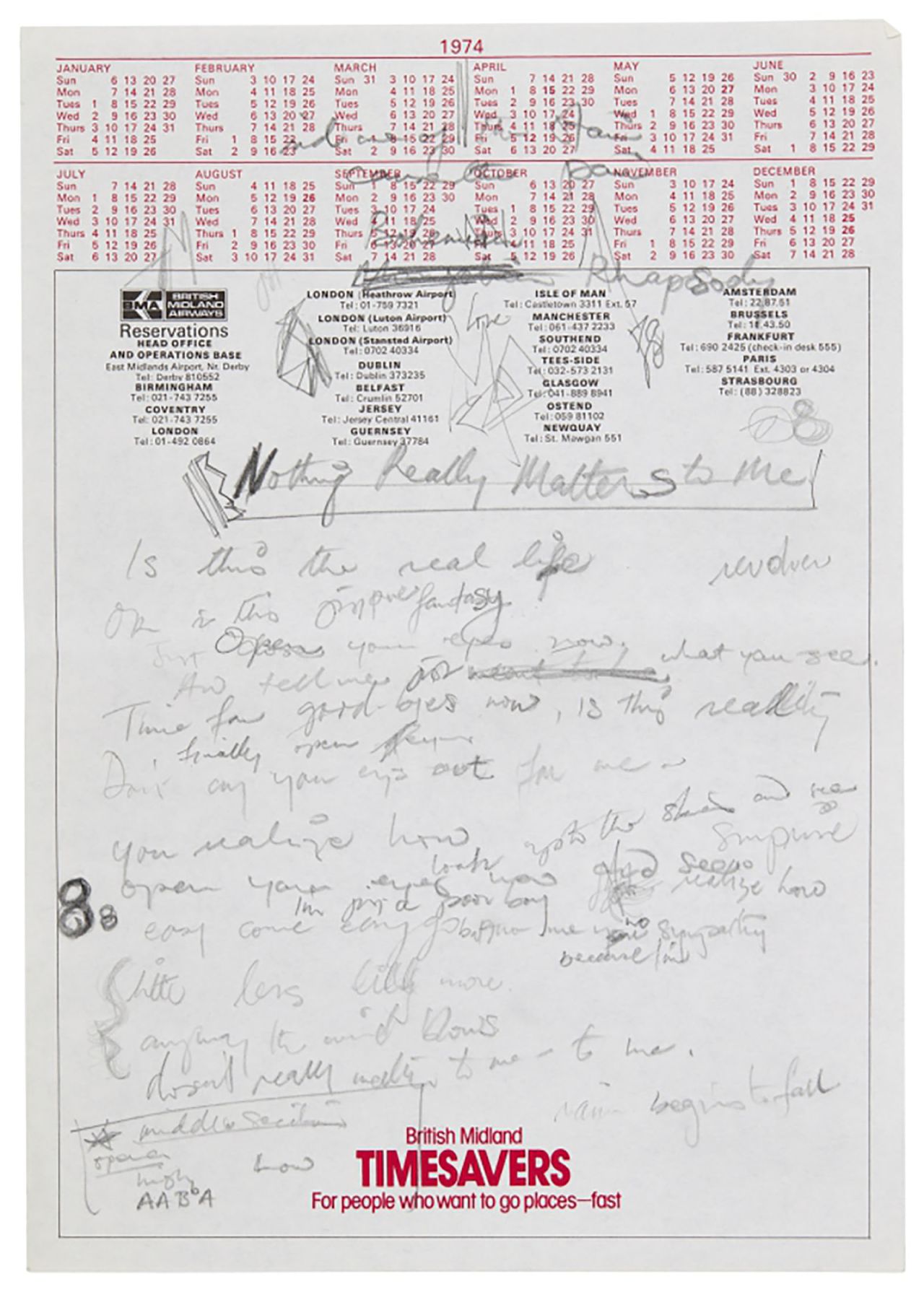 Handwritten working lyrics to Bohemian Rhapsody c. 1974
