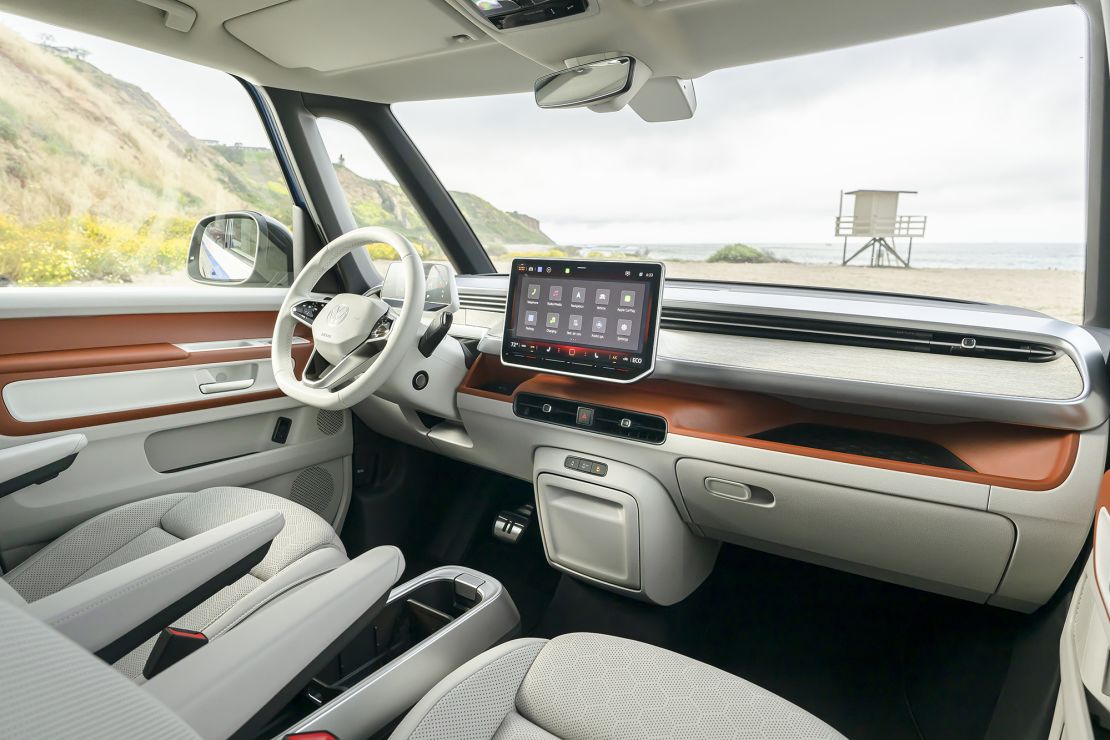 The interior of the VW ID. Buzz has a 13-inch center touchscreen and a removable storage console.
