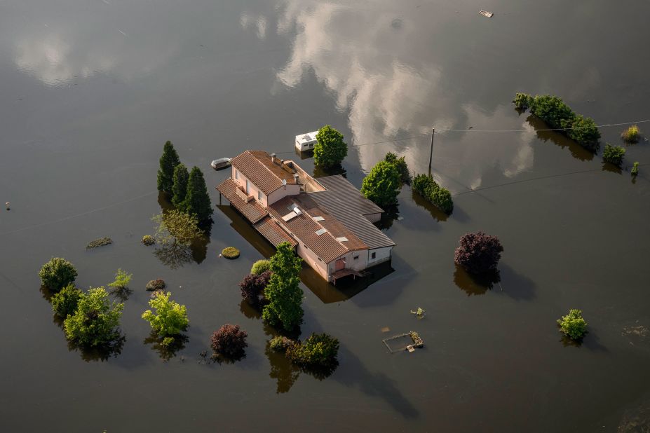 This aerial photo, taken on Friday, May 26, shows a flooded area in Conselice, Italy. Heavy rains have caused <a href="https://www.cnn.com/2023/05/17/europe/italy-flooding-three-killed-rain-intl/index.html" target="_blank">severe flooding</a> in the region of Emilia Romagna.