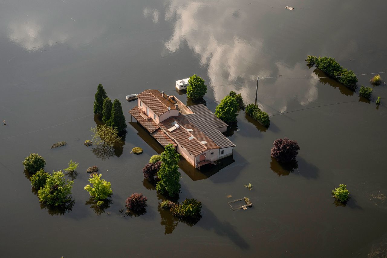 This aerial photo, taken on Friday, May 26, shows a flooded area in Conselice, Italy. Heavy rains have caused <a href="https://www.cnn.com/2023/05/17/europe/italy-flooding-three-killed-rain-intl/index.html" target="_blank">severe flooding</a> in the region of Emilia Romagna.