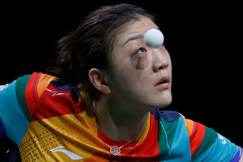 China's Chen Meng eyes the ball during a semifinal match at the World Table Tennis Championships on Saturday, May 27.