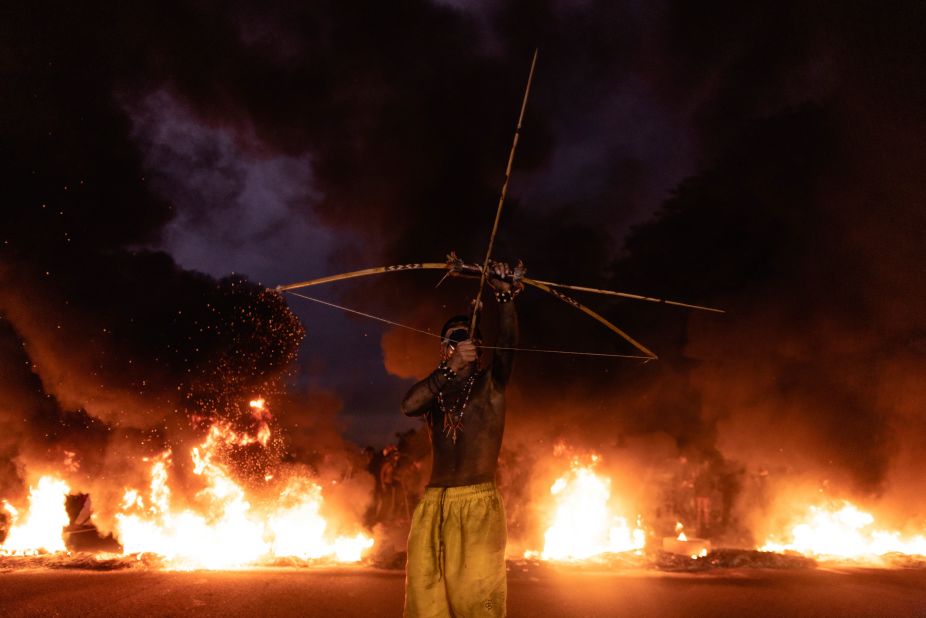 An Indigenous group blocks a highway just outside São Paulo, Brazil, on Tuesday, May 30, to <a href="https://www.cnn.com/2023/05/30/americas/brazil-indigenous-protest-bill-intl-latam/index.html" target="_blank">protest legislation</a> that would limit the recognition of ancestral lands.