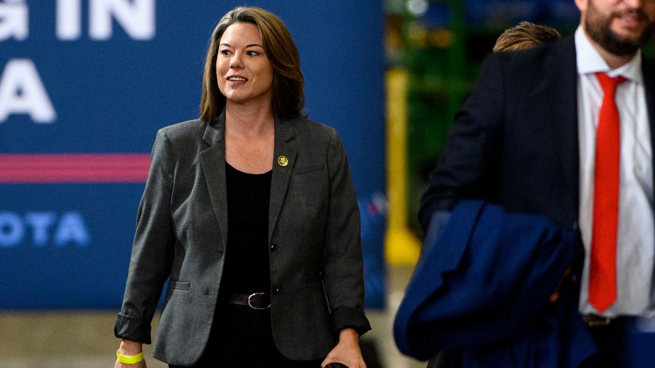 Rep. Angie Craig arrives during a visit by President Joe Biden to the Cummins Power Generation facility on April 3, 2023, in Fridley, Minnesota. 
