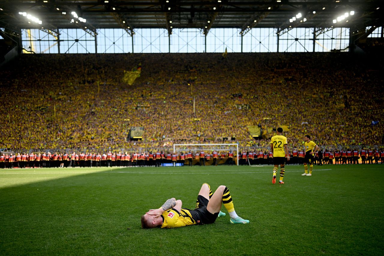 Borussia Dortmund's Marco Reus reacts after a 2-2 home draw against Mainz meant they would finish second in the Bundesliga, Germany's top-flight football league, on Saturday, May 27. <a href="https://www.cnn.com/2023/05/27/football/bundesliga-final-day-2023-dortmund-bayern-spt-intl/index.html" target="_blank">The title went to Bayern Munich</a> for the 11th straight season.