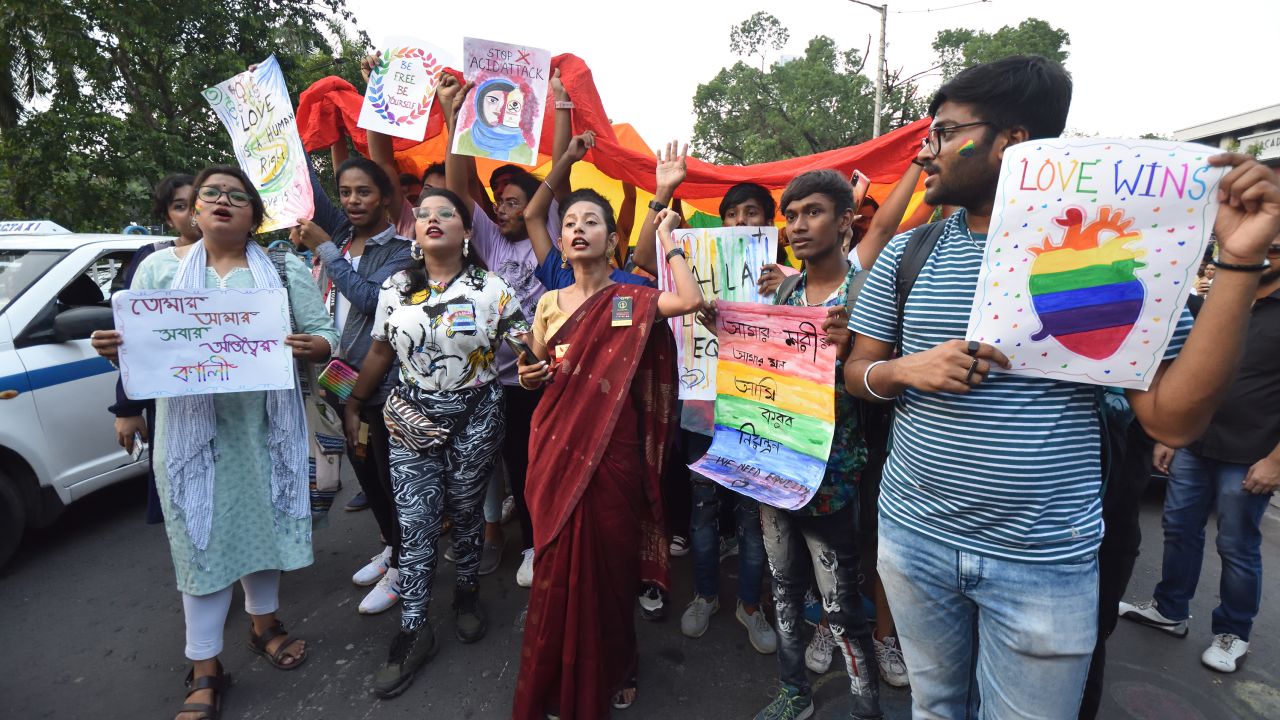 The LGBTQ community takes part in a rally to celebrate "Love, Respect, Freedom, Tolerance, Equality and Pride" in Kolkata, India on May 21.