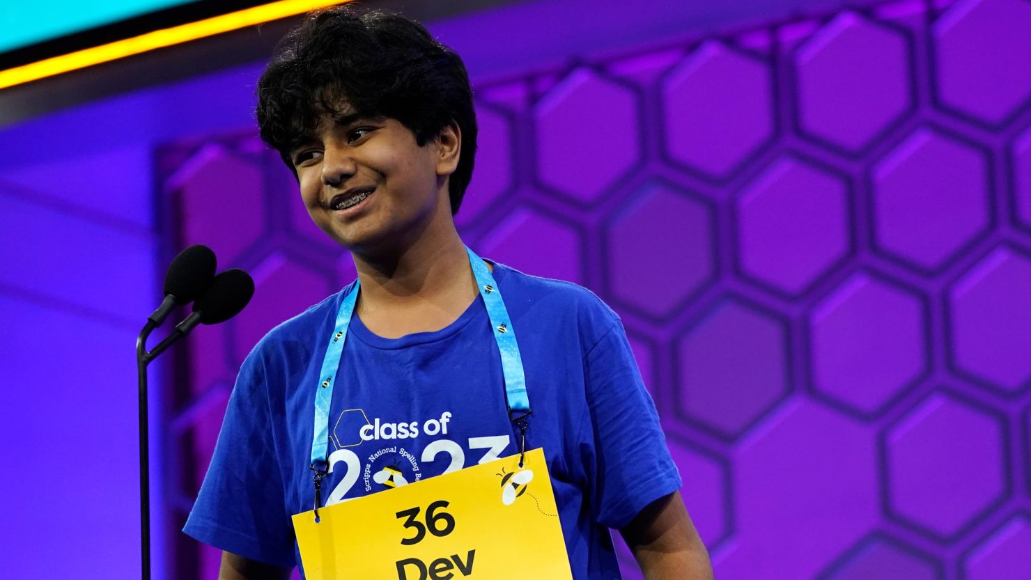 Dev Shah, 14, from Largo, Fla., competes during the finals of the Scripps National Spelling Bee, Thursday, June 1, 2023, in Oxon Hill, Md. (AP Photo/Nathan Howard)