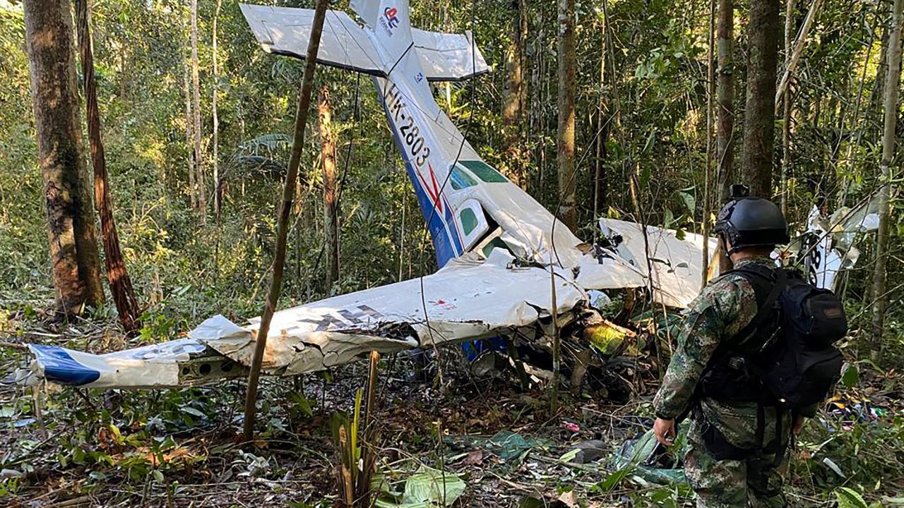 The Cessna 206 plane wreckage that killed the four children's mother after it crashed in the jungles of Caqueta in Colombia.