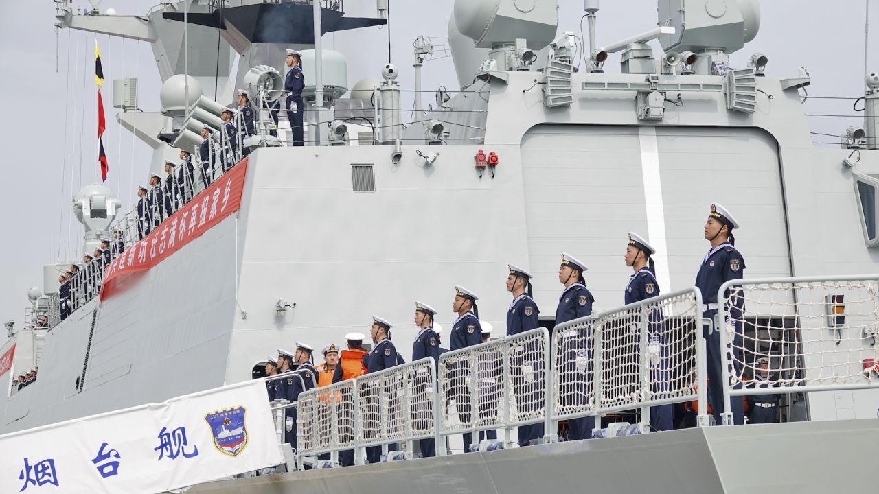 Officers and sailors on board Chinese naval vessel Yantai in east China's Shandong province on April 25, 2023.