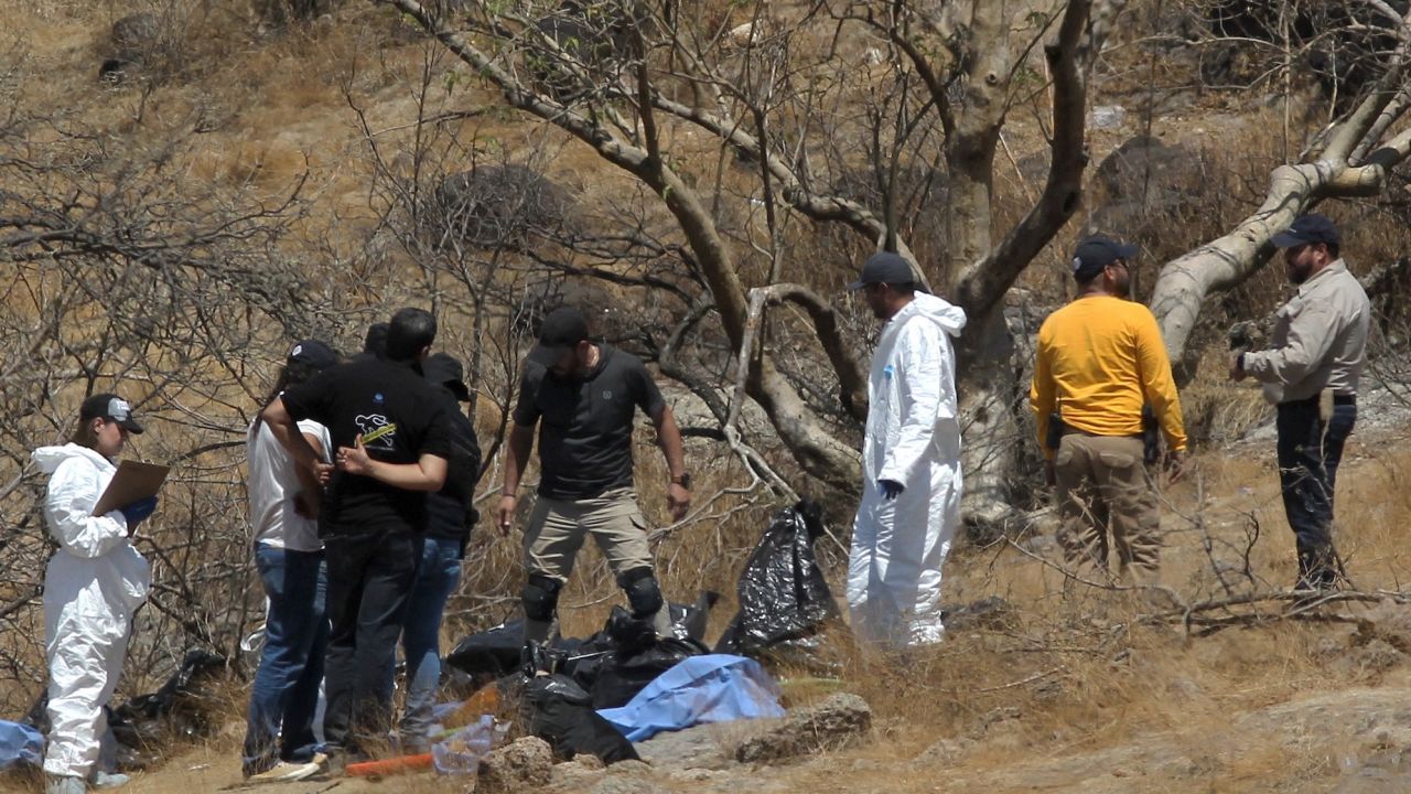 Forensic experts work with several bags of human remains extracted from the bottom of a ravine by a helicopter Forensic experts work with several bags of human remains extracted from the bottom of a ravine by a helicopter
