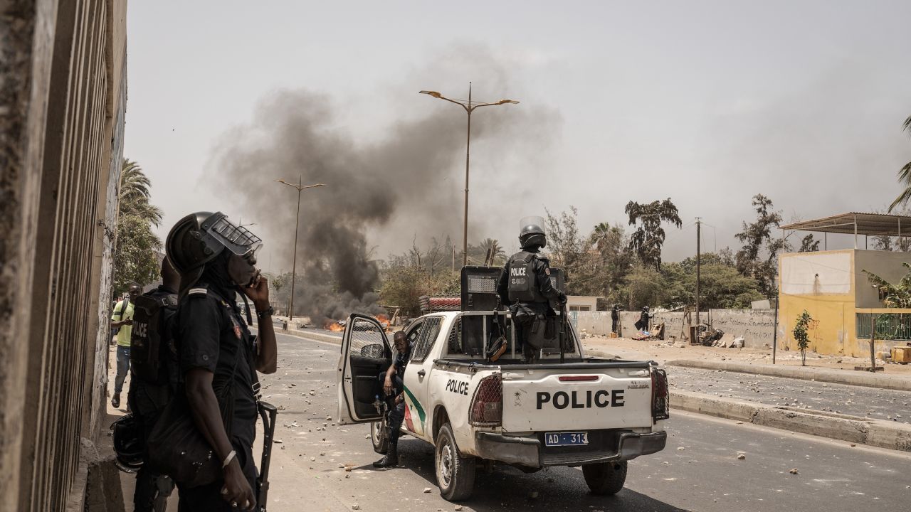 Police intervene as supporters of Senegalese opposition leader Ousmane Sonko protest in Dakar on June 1, 2023.