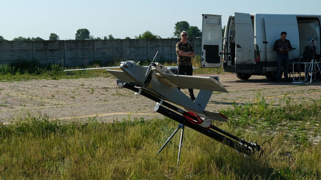 Valeriy Borovyk as his Vidsyich drone -- one of several he's developed -- is catapulted into the sky.