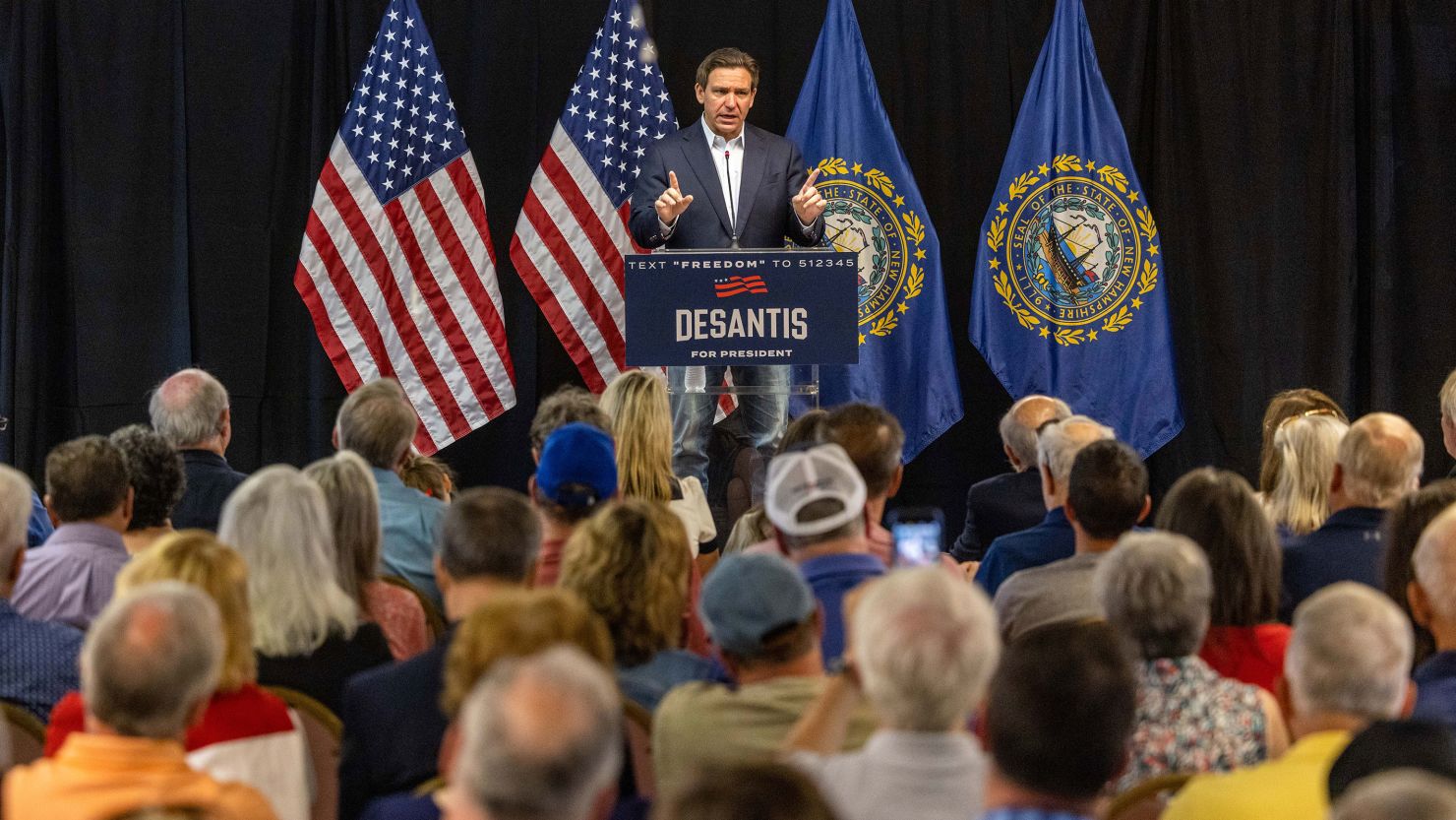Florida Gov. Ron DeSantis delivers remarks at a presidential campaign stop in Laconia, New Hampshire, on June 1, 2023.