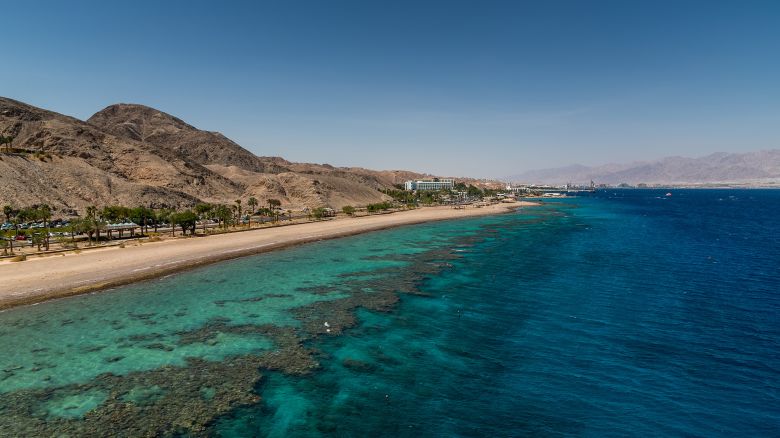 View of the shallow reef due north from The Underwater Observatory Marine Park tower in Eilat, Israel on July 13, 2022.