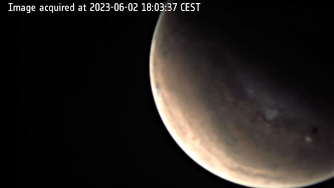 Images from the Mars Express spacecraft were taken once about every 48 seconds, according to ESA. A brief interruption occurred when a ground station on Earth was unable to collect the data pinged from the spacecraft because of bad weather.