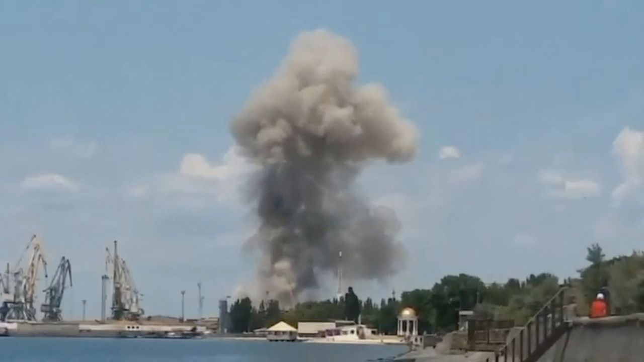 A view of an explosion in Berdyansk, Russian-controlled Ukraine released on June 2, 2023, in this screen grab obtained by REUTERS from a social media video.. THIS IMAGE HAS BEEN SUPPLIED BY A THIRD PARTY. NO RESALES. NO ARCHIVES.