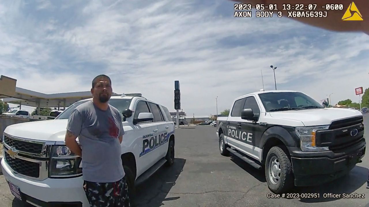 Body camera video from the Roswell Police Department shows Tony Peralta after he turned himself in to authorities, in Roswell, N.M., on May 1, 2023.