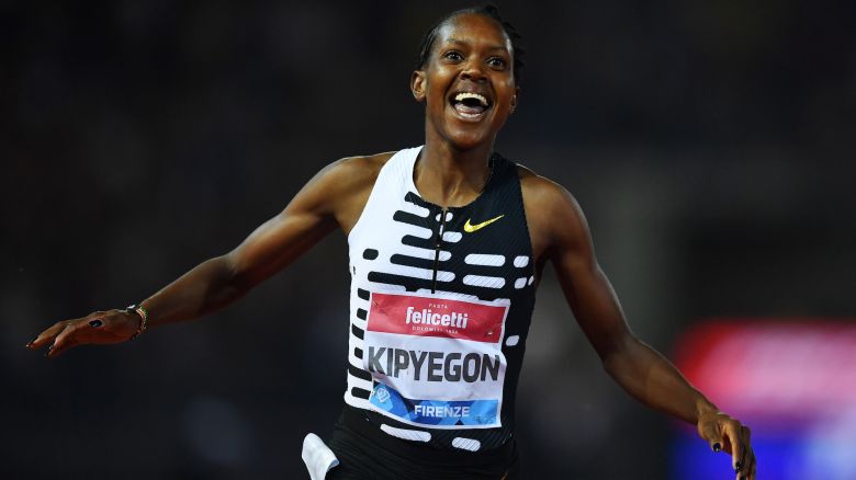 FLORENCE, ITALY - JUNE 02: Faith Kipyegon of Team Kenya celebrates victory in the Women's 1500m during the Golden Gala Pietro Mennea, part of the Diamond League series at Rodolfi Stadium on June 02, 2023 in Florence, Italy. (Photo by Valerio Pennicino/Getty Images)