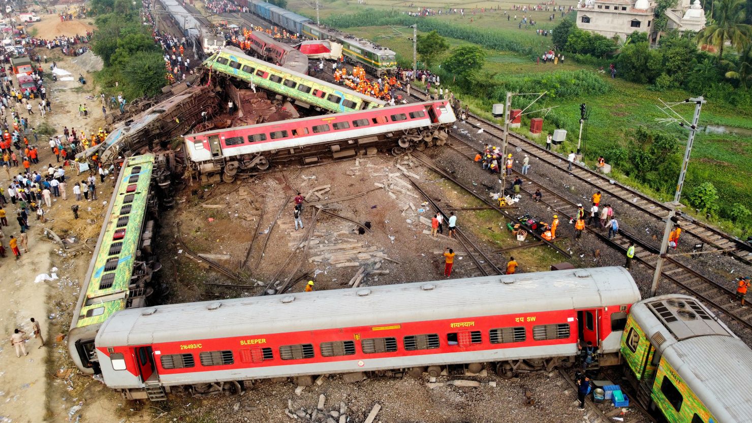 A view from a drone shows derailed coaches after two passenger trains collided in Balasore district in the eastern state of Odisha, India, on June 3.