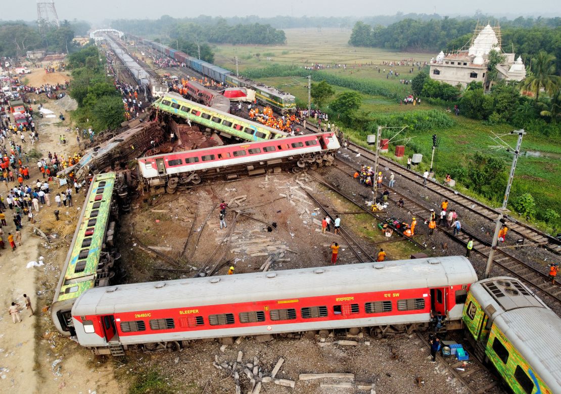 A drone view shows derailed coaches after two passenger trains collided in Balasore district in the eastern state of Odisha, India, June 3, 2023.