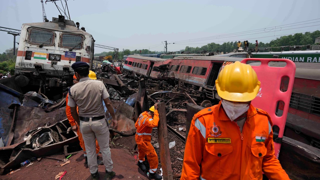 The aftermath of a three-way train crash in India's eastern Odisha state.