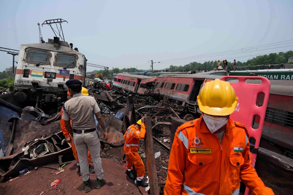 The aftermath of a three-way train crash in India's eastern Odisha state.